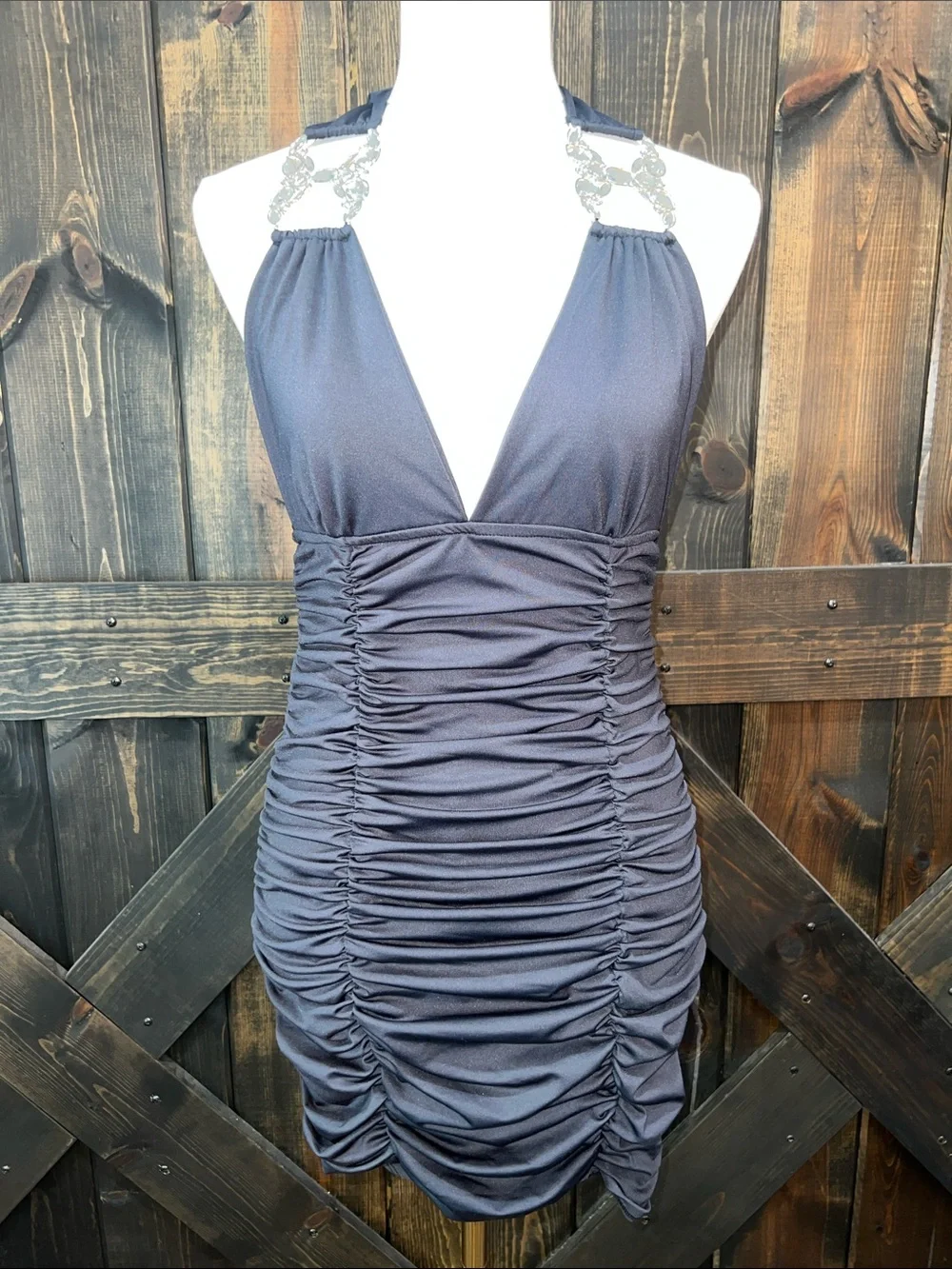 Sex Symbol Y2K Bodycon Ruched Halter Dress L Black Butterfly Beaded Tie Babydoll